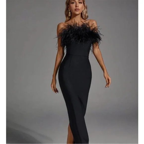 NWT Catchall Naomi Black Strapless Feather Trimmed Bandage Maxi Bodycon Dress - Picture 3 of 16